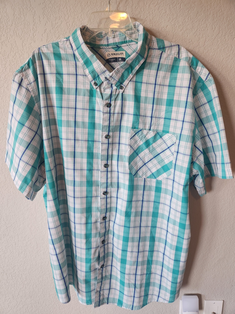 Magellan Outdoors Men’s Short Sleeve Plaid Shirt - Teal & White